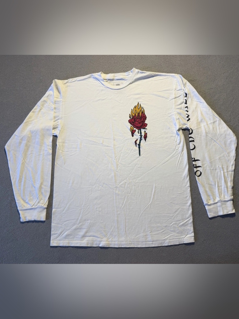 Vans Off The Wall Long Sleeve T-Shirt Men’s Large White Rose Graphic Skate Tee